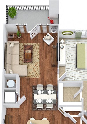 Stone 3D Stone 3D. 1 bedroom apartment. Kitchen with island open to living/dinning rooms. 1 full bathroom. Walk-in closet. Patio/balcony.